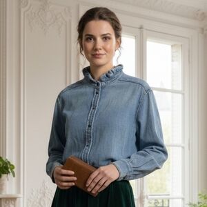 Ba&Sh Denim Shirt High Ruffle Collar Blue Size 3